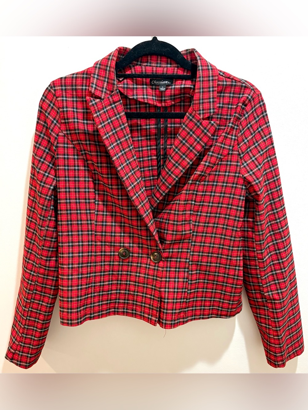 Chocolate usa Plaid Blazer Short Jacket Size Large Red/Black Preppy Clueless